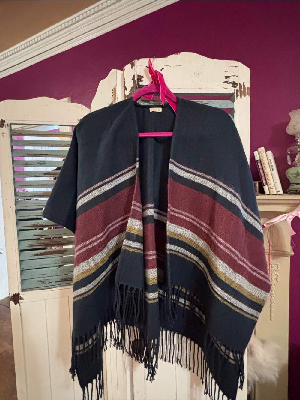 Hollister XS/S Navy Striped Fringe Ruana Poncho Shawl Wrap